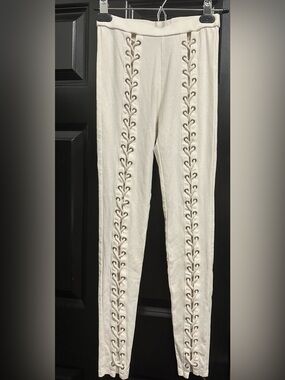 Hot and Delicious Lace-Up Knit Leggings Pull up Pants Silver Grommets XS